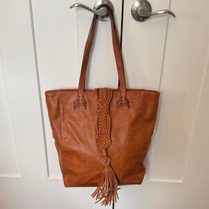Big Buddha Cognac Braided Tassel Vegan Leather Tote Bag
